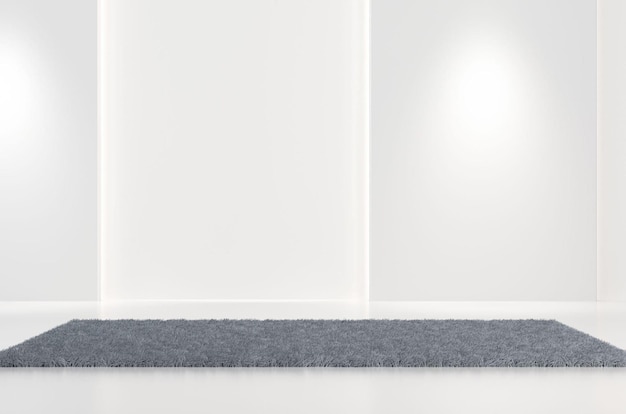 Uma parede branca com um tapete cinza no meio