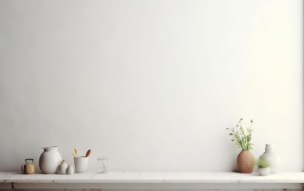 Uma parede branca com um vaso de flores e um vaso com uma planta.