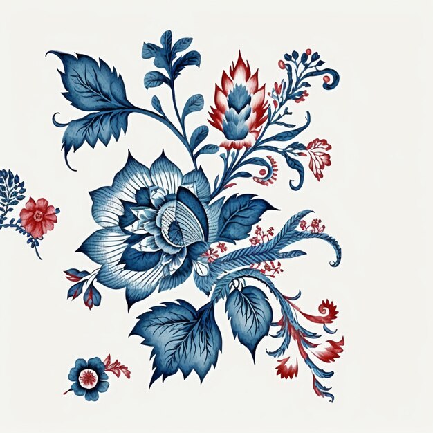 Uma parede branca com uma flor azul e uma flor vermelha.