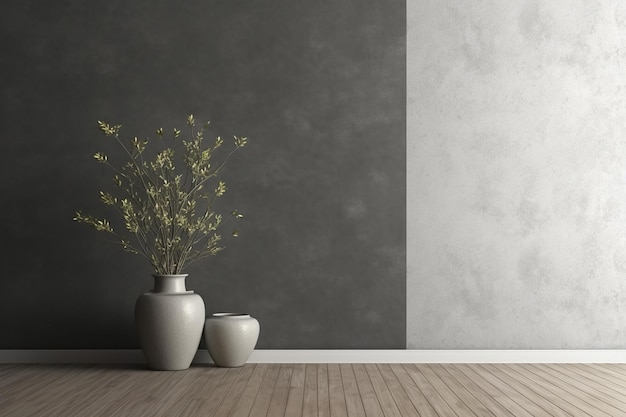 Uma parede cinza com um vaso de flores