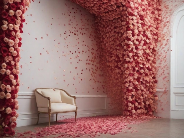 Uma parede coberta de pétalas de rosas em cascata criando um cenário visualmente impressionante e romântico isso pode ser alcançado através de uma sessão de fotos criativa ou manipulação digital