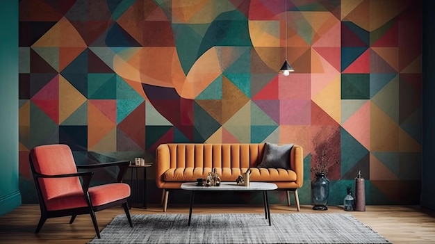 Uma parede colorida com um sofá e uma mesa de café.