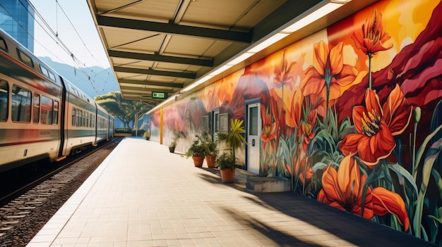 Foto uma parede colorida serve de pano de fundo para um trem estacionário