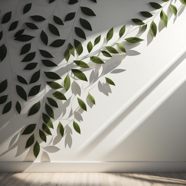Uma parede com folhas verdes e fundo branco com papel de parede branco.
