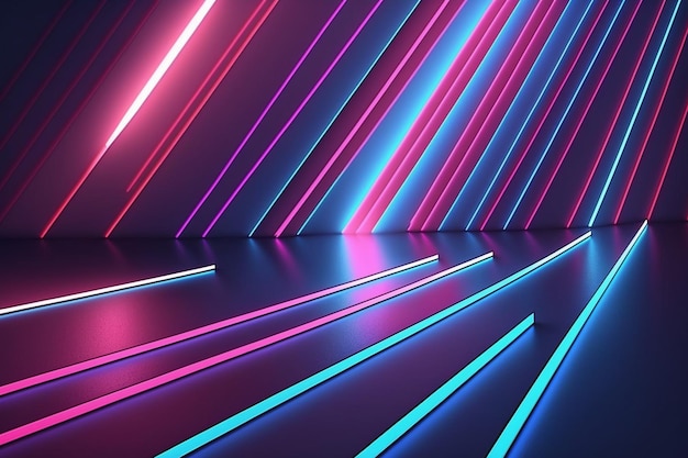 Uma parede com linhas de neon e uma luz nela