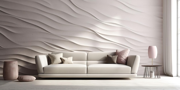 Uma parede com linhas onduladas e um sofá em primeiro plano.