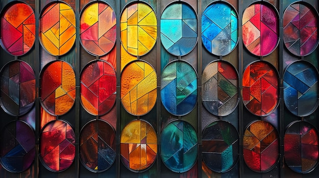 uma parede de arte de vidro de cores diferentes é mostrada