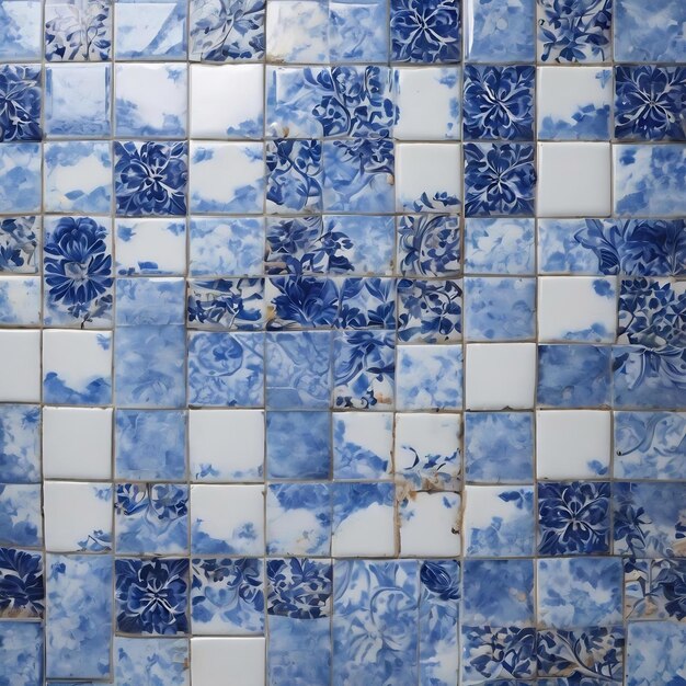 Uma parede de azulejos azuis e brancos com fundo branco