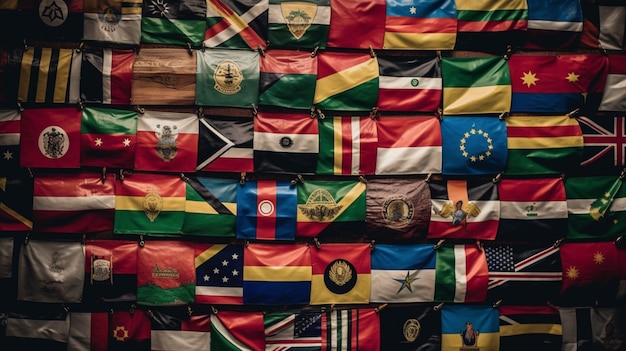 Uma parede de bandeiras das nações unidas