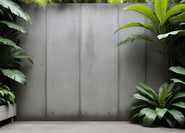 Uma parede de concreto cinza com um acabamento liso e algumas pequenas manchas escuras flanqueadas por verde tropical