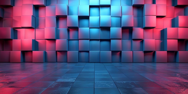Uma parede de cubos azuis e vermelhos com um fundo azul