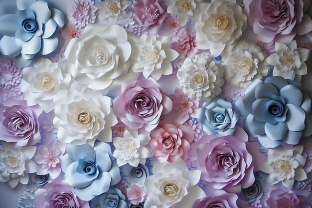 Uma parede de flores de papel com a palavra amor nela.