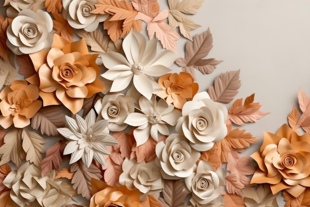 Uma parede de flores de papel com folhas