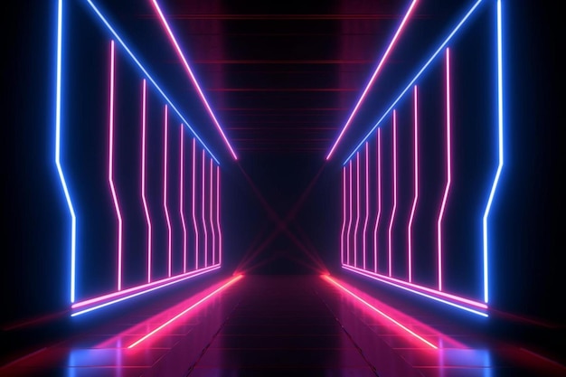 uma parede de luzes de néon com uma luz de néon azul e vermelha
