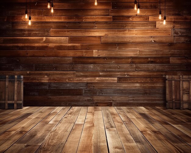 Uma parede de madeira com luzes penduradas no teto