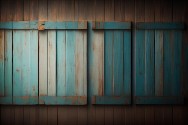 Uma parede de madeira com persianas azuis que diz 'a palavra " nela.