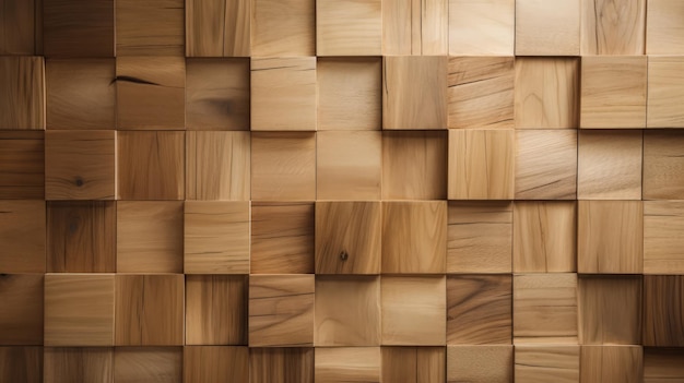 Uma parede de madeira com um padrão de quadrados e retângulos generative AI