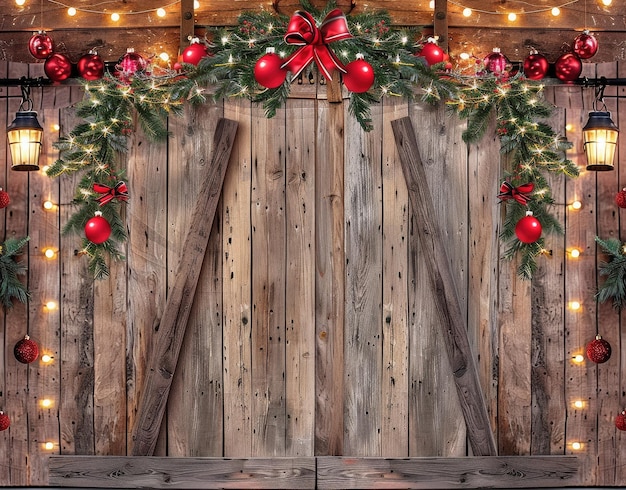 uma parede de madeira com uma coroa de Natal e uma cerca de madeira