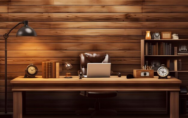 Uma parede de madeira com uma mesa e um laptop sobre ela