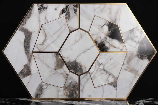 Foto uma parede de mármore com um desenho de hexágono dourado.