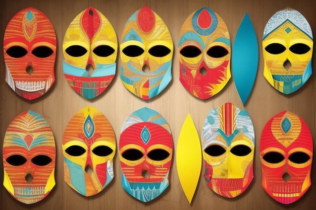 Uma parede de máscaras coloridas com diferentes cores e desenhos