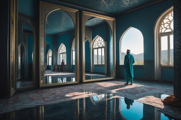 Foto uma parede de mesquita moderna reflete como um espelho no ramadão pessoas orando na luz da noite profunda