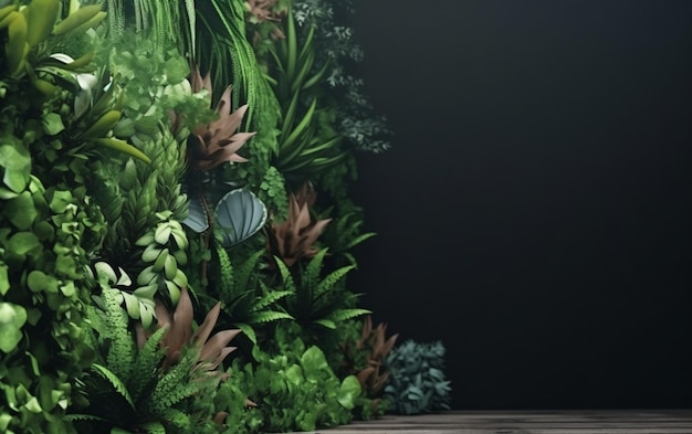 Uma parede de plantas com fundo preto e um fundo verde com uma planta.