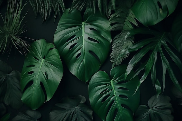 Uma parede de plantas tropicais com um padrão de folha verde