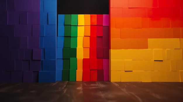 Uma parede de quadrados coloridos com um que diz 'arco-íris' nele