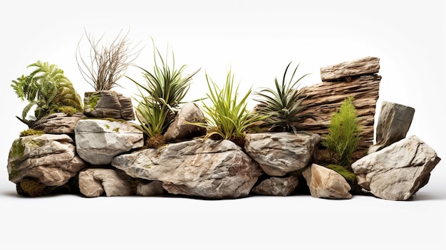 uma parede de rocha com plantas sobre ela e um fundo branco