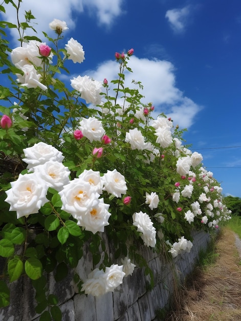 Uma parede de rosas com um céu azul atrás dela