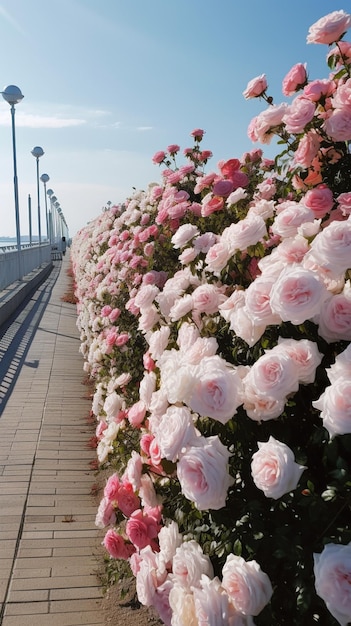 Uma parede de rosas cor de rosa ao longo do passeio