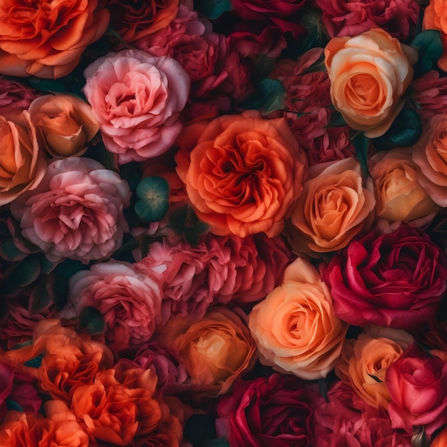 Uma parede de rosas vermelhas e laranja