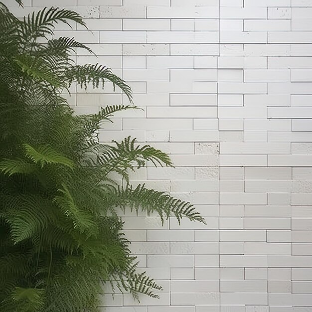 Foto uma parede de tijolos brancos com uma planta verde na frente dela