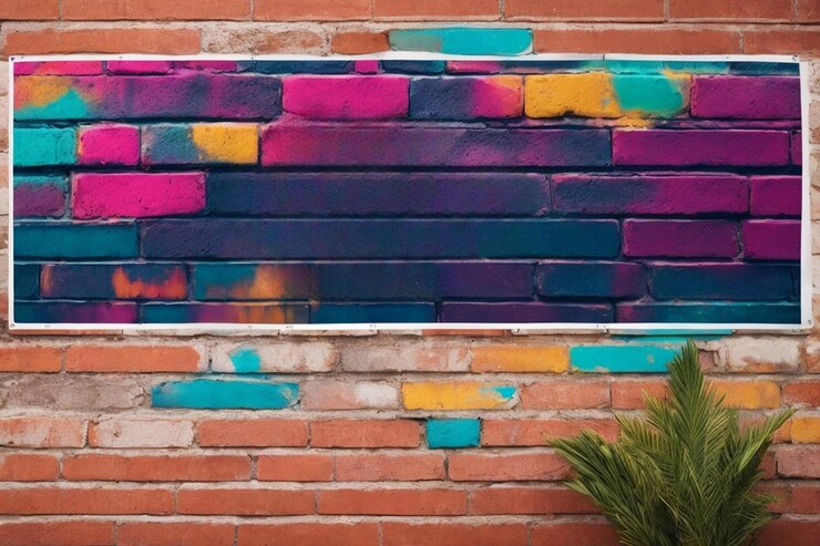 Foto uma parede de tijolos colorida com uma pintura roxa e azul