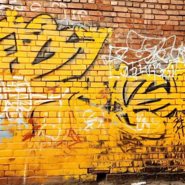 Uma parede de tijolos com graffiti escrito "amarelo".