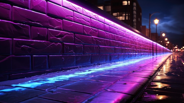 uma parede de tijolos com luzes roxas e azuis ao fundo.