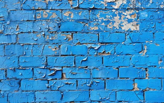 Uma parede de tijolos turquesa fortemente angustiada e em decomposição exibe padrões intrincados criados por camadas de pintura rachada, quebrada e descascada