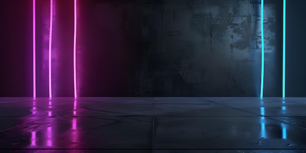 uma parede escura com luzes roxas e azuis
