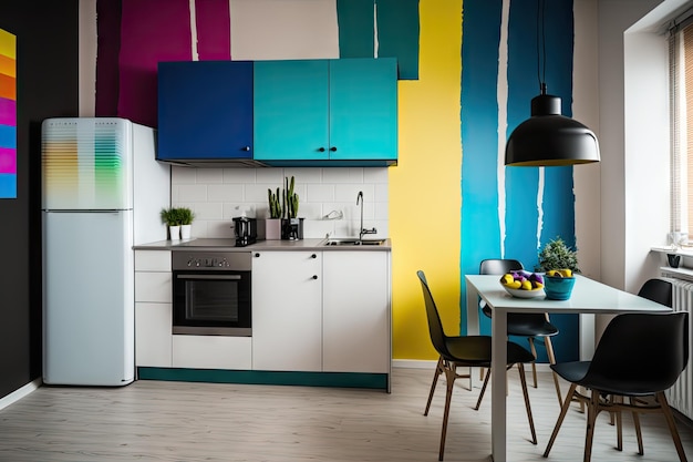 Uma parede recém-pintada com um toque de cor na cozinha de um apartamento