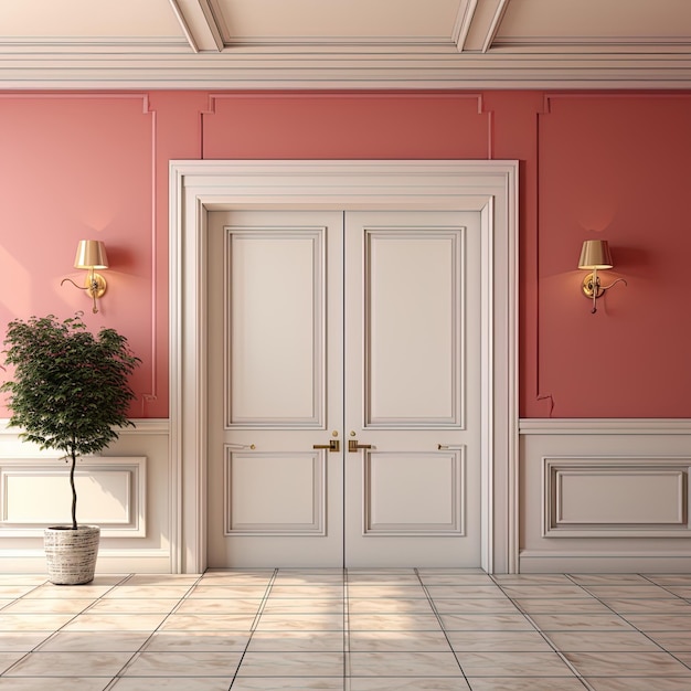 Foto uma parede rosa com duas lâmpadas e uma planta em uma panela no lado direito