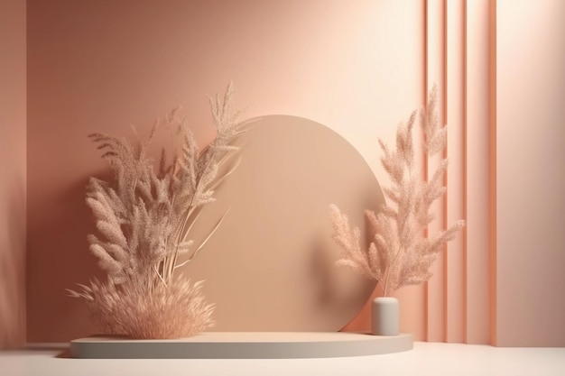 Uma parede rosa com um espelho redondo e uma mesa branca com um espelho redondo em cima.