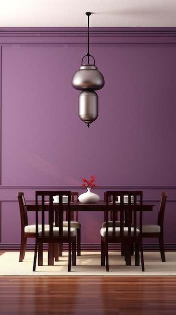 uma parede roxa com um vaso e uma vela no centro