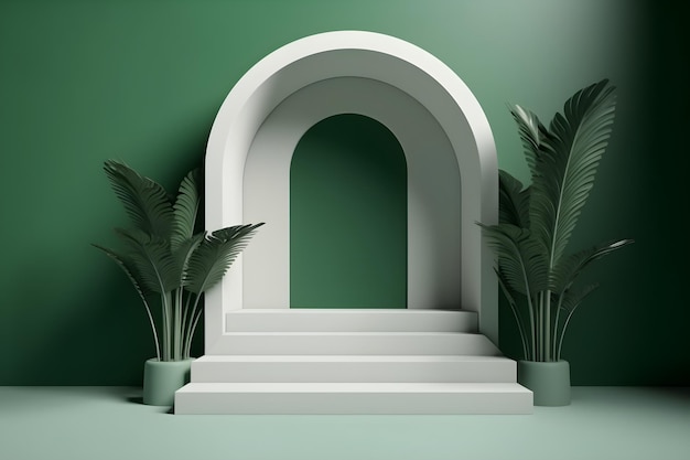 Uma parede verde com um arco e plantas no meio