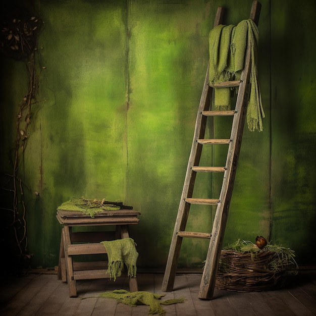 Uma parede verde com uma escada e uma cesta com panos verdes.