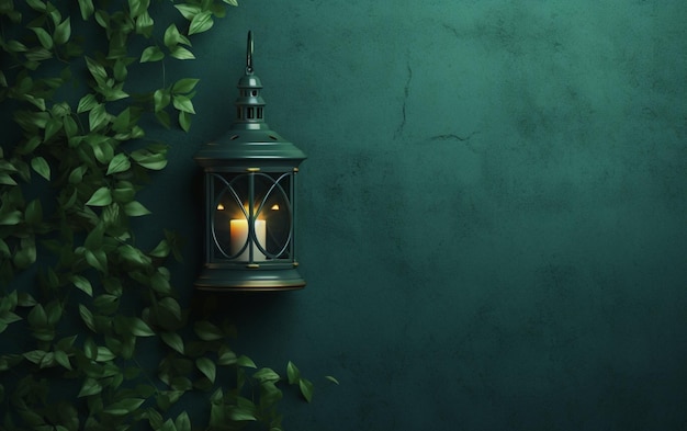 Uma parede verde com uma lanterna e uma vela nela