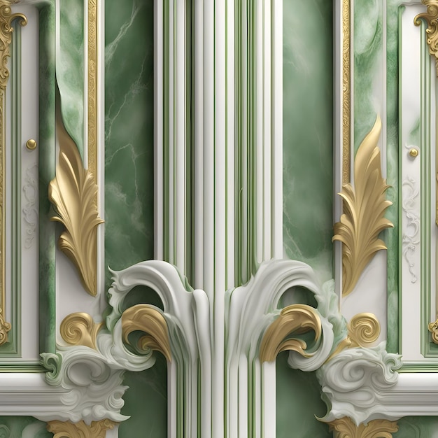 uma parede verde e branca com detalhes dourados e uma parede de mármore verde e branco.