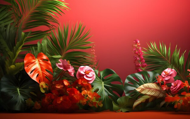 Foto uma parede vermelha com flores e plantas tropicais.