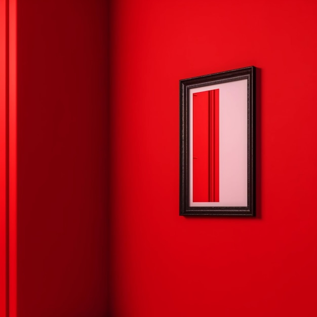 Uma parede vermelha com um espelho preto emoldurado.