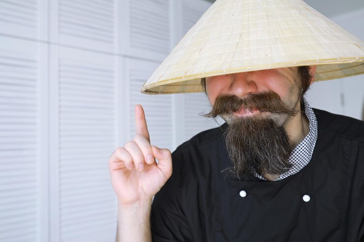 Foto uma paródia hilária de um homem asiático com um chapéu vietnamita e barba. retrato. chef do café asiático.
